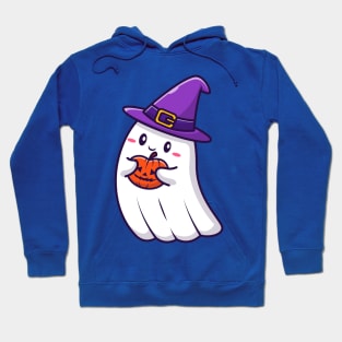 Cute Witch Ghost Holding Pumpkin Halloween Cartoon Hoodie